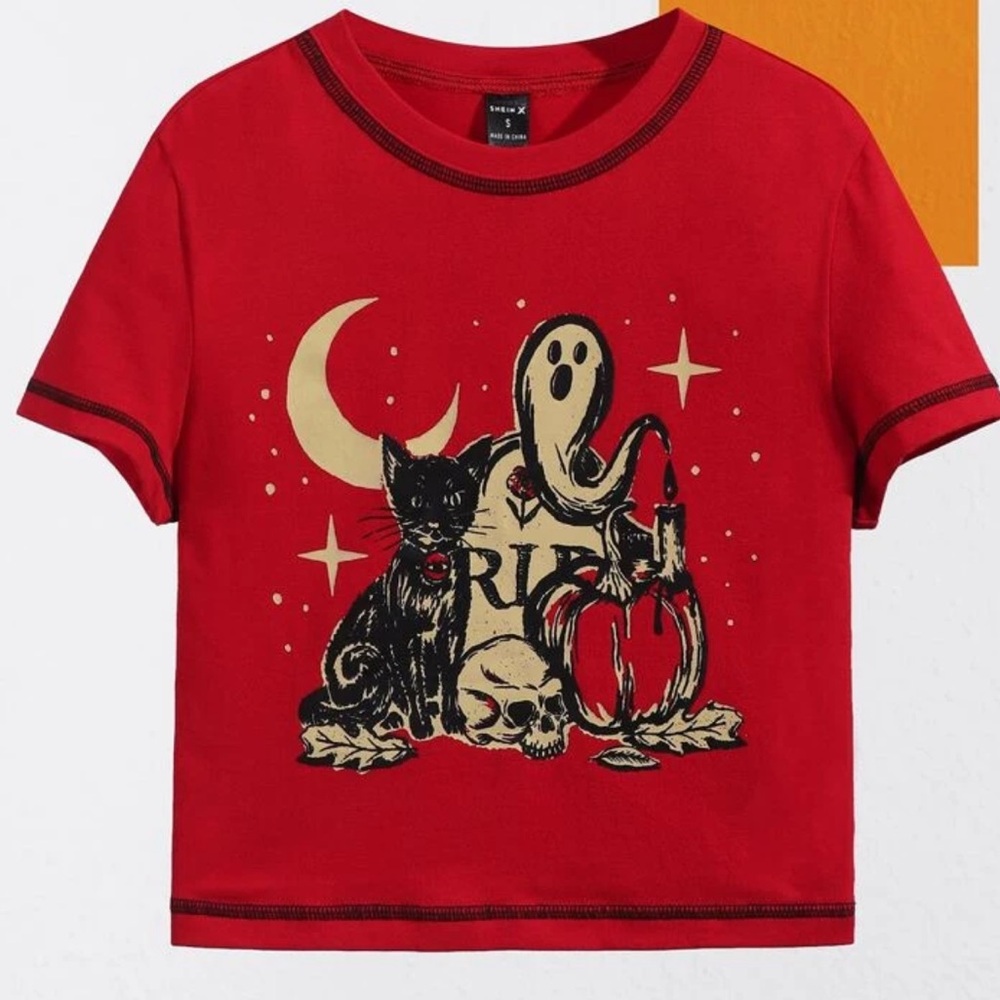 SHEIN Mountain Vintage Press Contrast Stitch Skull and Cat Print Top